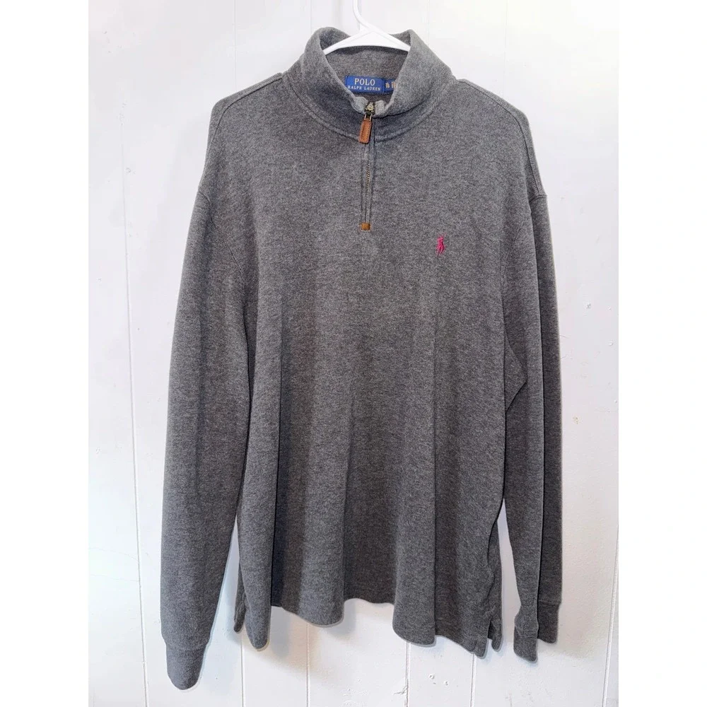 Polo‎ Ralph Lauren Mens XL Quarter Zip Pullover Grey Pink Pony Logo Sweater
